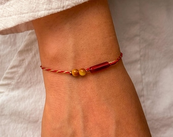 Minimalist Red Silk String Bracelet, Tiger Eye & Agate Beads, Adjustable Women's Stacking Bracelet, Spiritual Yoga Jewelry