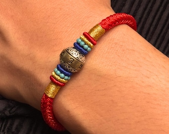 Tibetan Six Word Mantra Bracelet, Red String Protection Bracelet, 925 Silver Om Mani Padme Hum Talisman, Buddhist Hand-Braid Spiritual Gift