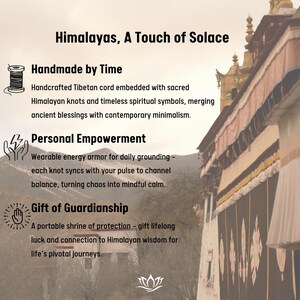 May include: Image with text: "Himalayas, A Touch of Solace." The text describes handmade Tibetan cord with Himalayan knots and spiritual symbols. It also mentions personal empowerment and gift of guardianship.
