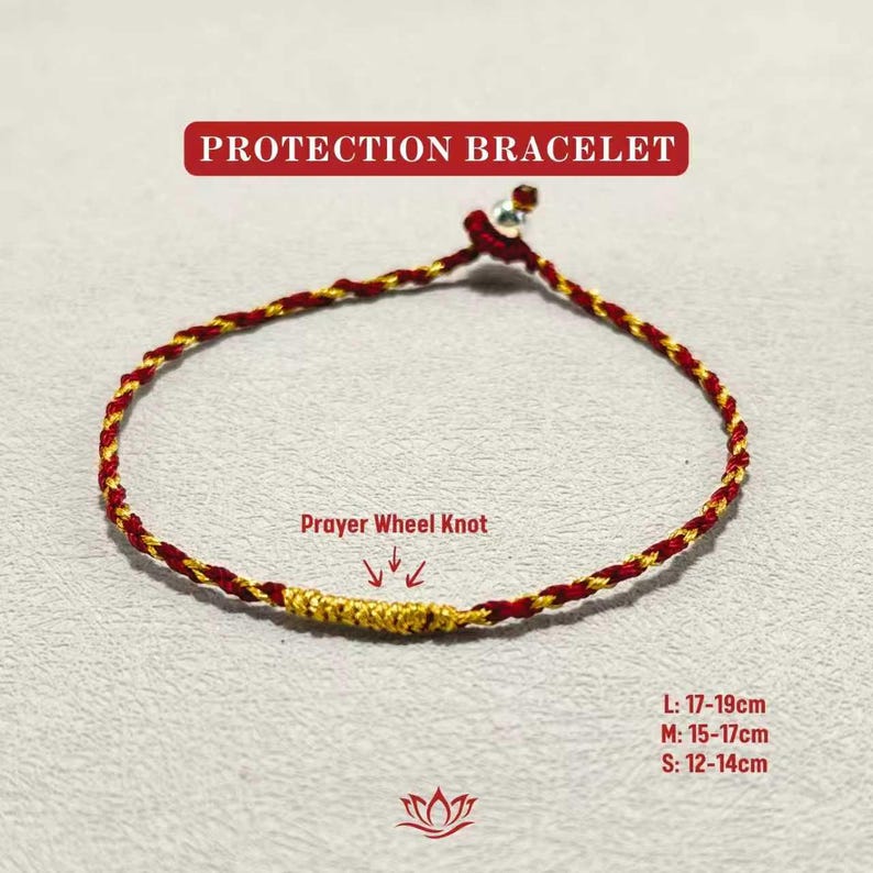 Pulsera de hilo rojo y dorado, pulsera de nudo de rueda giratoria tibetana, pulsera de protección budista para la buena suerte, pulsera tejida fina para amantes del yoga imagen 2
