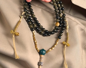 Buddhist 108 Mala Beads Necklace, Natural Black Obsidian Prayer Beads with Counter, Spiritual Protection Amulet, Mindfulness Yoga Gift