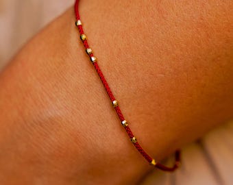Red Silk 925 Silver Gold Beaded Bracelet, Minimalist Dainty Friendship Jewelry Gift for Bestie&Soul Sister, Red Thread Bracelet for Stacking