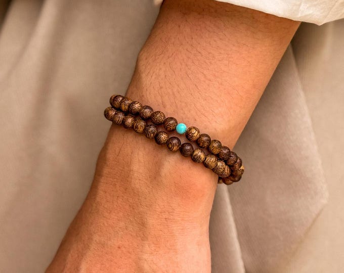 Double Loop Natural Wood Mala Bracelet with Turquoise, Buddhist prayer beads, Good Luck Charm Gifts for Yoga Lover, Unisex spiritual jewelry