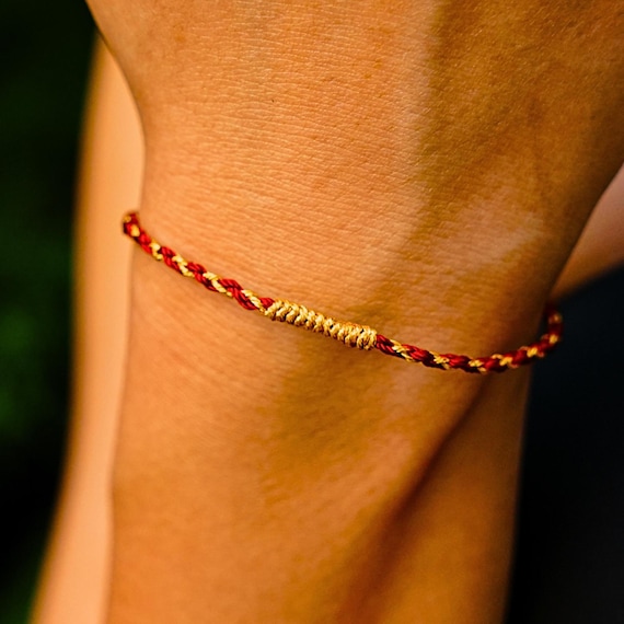 Gold& Red String Bracelet,Tibetan Spinning Wheel Knot Bracelet,Buddhist Protection bracelet for good luck,Thin Woven Bracelet for yoga lover