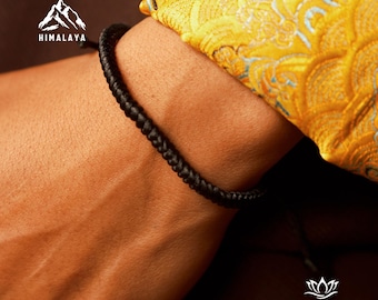Handmade Tibetan Buddhist Braided Bracelet | Mens Black Cord Lucky Knot Bracelet, Spiritual Protection Amulet Gift for Dad 60th birthday