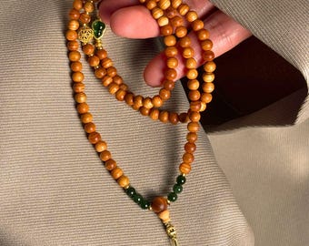 Collar de 108 cuentas de madera natural Mala, joyería de meditación de jade verde, rosario budista de calabaza Wu Lou, regalo espiritual tibetano para hombres y mujeres.