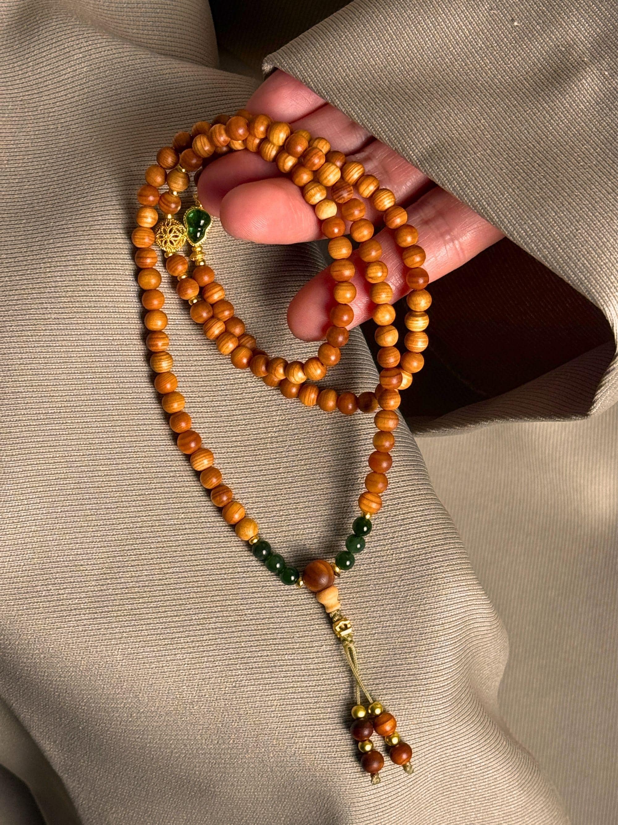108 Natural Wood Mala Beads Necklace, Green Jade Meditation Jewelry,Buddhist Gourd Wu Lou Prayer Rosary,Tibetan Spiritual Gift for Men Women