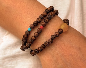 Handmade Natural Wood Mala Bracelet, Triple Loop Buddhist prayer beads for Meditation & Mindfulness, Spiritual Jewelry Gift for Yoga Lover
