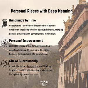 May include: Image with text: "Personal Pieces with Deep Meaning." Features descriptions of handmade Tibetan cord with Himalayan knots, wearable energy armor, and a portable shrine of protection.