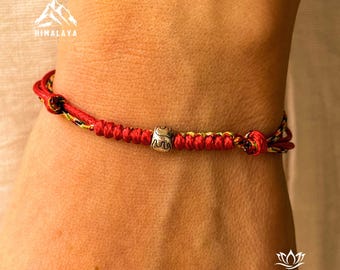 Red String Bracelet with Silver Elephant Charm, Buddhist Protection Bracelet, Tibetan five color Bracelet for Good Luck, Spiritual Jewelry