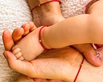 Conjunto de pulseras de hilo rojo con cuentas de oro macizo y protección familiar, con cuentas de plata, joyería a juego para madre e hija, regalo para padres primerizos.