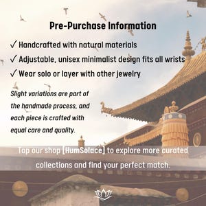 Pu&ograve; includere: Immagine con testo: Informazioni pre-acquisto, Realizzato a mano con materiali naturali, Design minimalista unisex regolabile, Adatto a tutti i polsi, Da indossare da solo o a strati con altri gioielli.