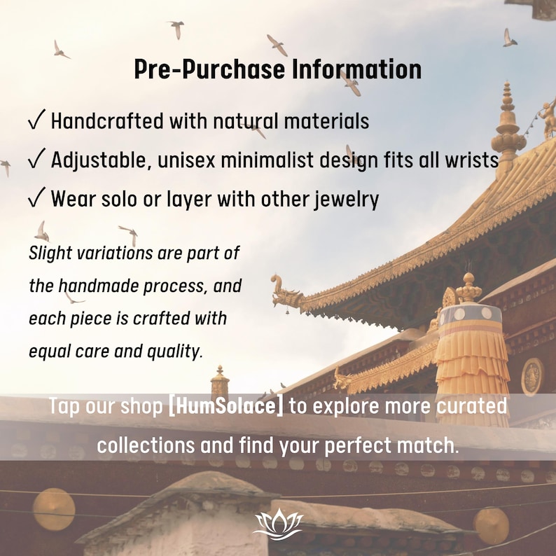 Pu&ograve; includere: Immagine con testo: Informazioni pre-acquisto, Realizzato a mano con materiali naturali, Design minimalista unisex regolabile, Adatto a tutti i polsi, Da indossare da solo o a strati con altri gioielli.