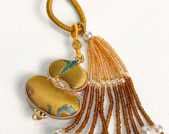 Gourd Tassel Bag Charm, Feng Shui Lucky Fringe Charm for Purse & Phone, Bohemian Beaded Keychain, Handmade Chinese Ethnic Gift