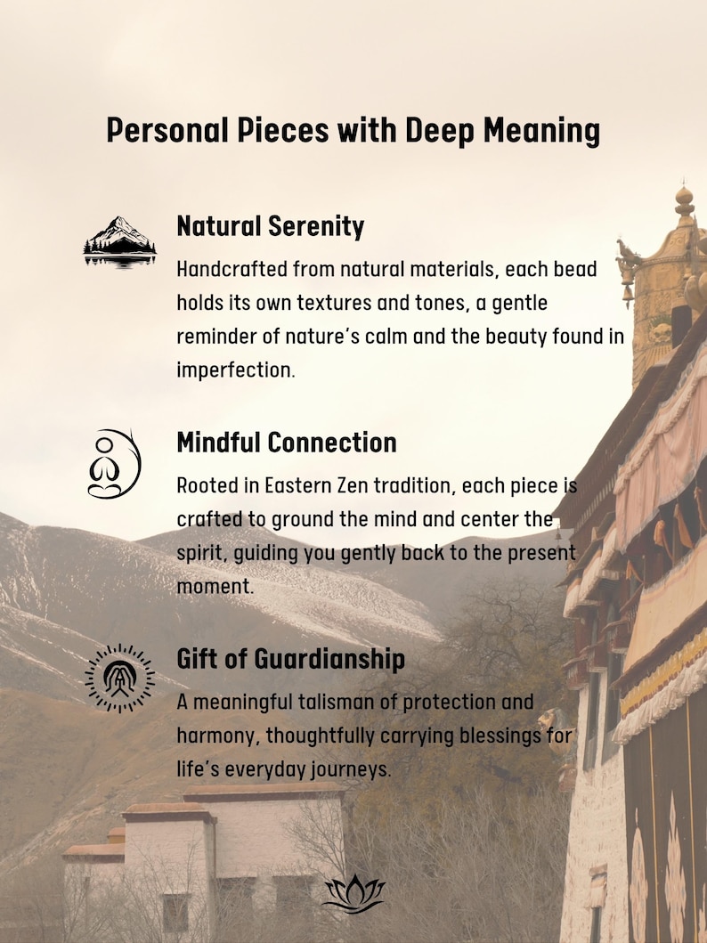 May include: An informational graphic titled Personal Pieces with Deep Meaning. It features three sections: Natural Serenity with a mountain icon, Mindful Connection with a meditation icon, and Gift of Guardianship with a hands icon, all over a mountain landscape.
