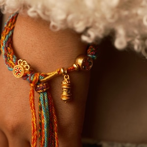 Tibetan Braided Bracelet, Six-Syllable Mantra, Gold Prayer Wheel Pendant, Buddhist talism, Good Luck Charm,  handmade protection jewelry