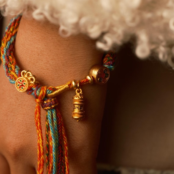 Tibetan Braided Bracelet, Six-Syllable Mantra, Gold Prayer Wheel Pendant, Buddhist talisman, Good Luck Charm,  handmade protection jewelry