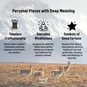 May include: Image with text: "Personal Pieces with Deep Meaning." Features symbols of craftsmanship, mindfulness, and good fortune. Includes illustrations of a spool of thread, a meditating figure, and a star. The background shows deer in a field with mountains.