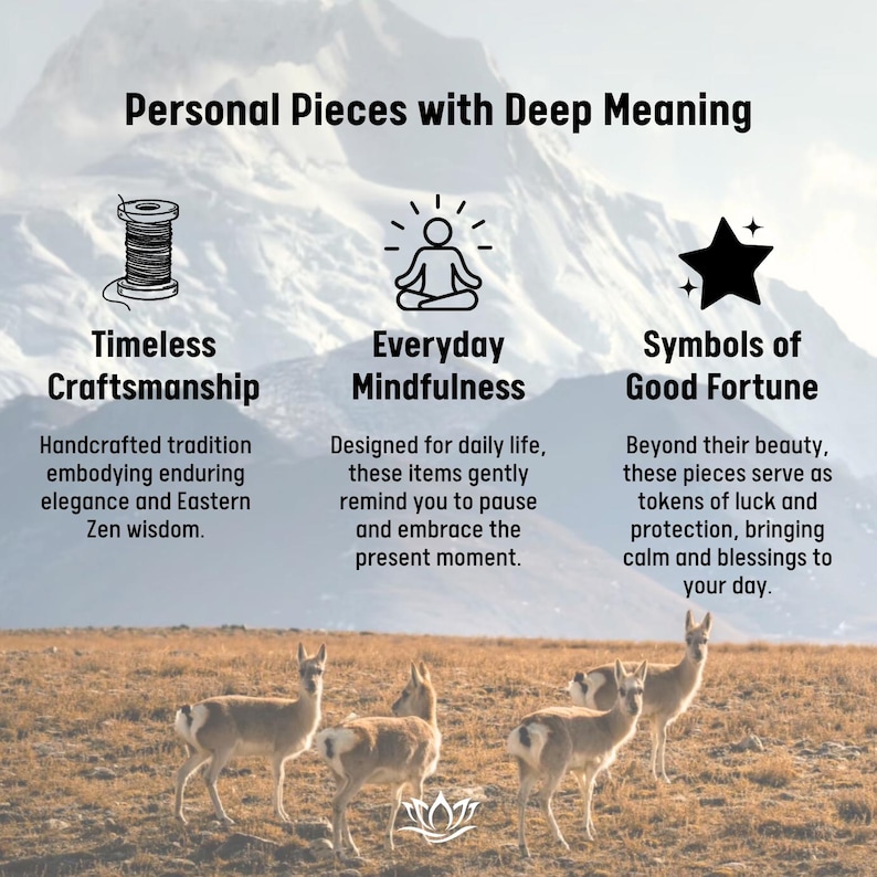 May include: Image with text: "Personal Pieces with Deep Meaning." Features symbols of craftsmanship, mindfulness, and good fortune. Includes illustrations of a spool of thread, a meditating figure, and a star. The background shows deer in a field with mountains.