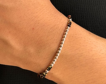 Minimalist Thin Black String Bracelet with Silver Beads, Tibetan Braided Protection Amulet, Spiritual Luck Jewelry Gift for him
