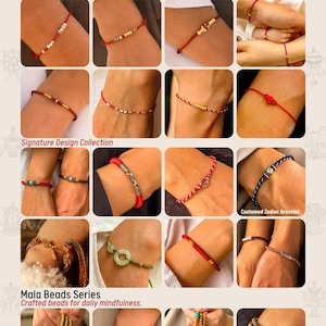 May include: A collection of bracelets featuring red cord designs with metallic beads, knots, and charms, alongside a series of mala bead bracelets in wood and stone, displayed in a grid with the text Discover the Essence of HumSolace.