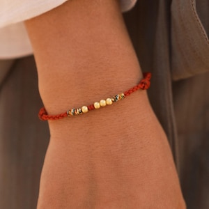 Tibetan Five-Colors Red String Bracelet with Gold Beads, Minimalist Lucky Charm Gift for Couples Bracelet, Buddhist Amulet for 50th birthday
