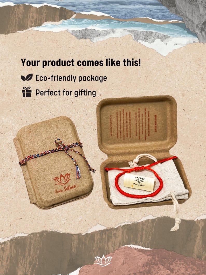 May include: A red cord bracelet with a small cylindrical tag featuring a lotus logo and the text Hum Solace, presented inside a brown molded fiber box with a beige fabric pouch, tied with a multicolored string and branded with a lotus logo.