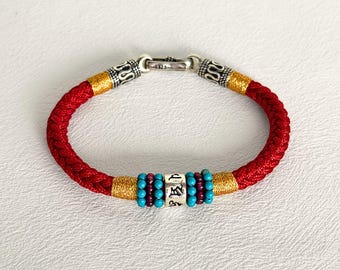 Buddhist Red Cord Bracelet with Silver Mantra and Turquoise bead, Tibetan Protection Bracelet, Dainty Spiritual Gift for Men & Women