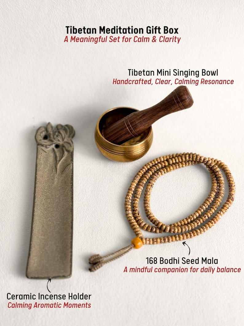 May include: A Tibetan meditation gift set including a ceramic incense holder, a mini singing bowl with a wooden mallet, and a 168 Bodhi seed mala. The set is designed for calm and clarity. The text on the image reads "Tibetan Meditation Gift Box".