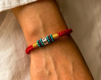 Silver Mantra Red Rope Bracelet, Turquoise bead Jewelry, Tibetan Buddhist Amulet, Anniversary Protection Gift for Her, Good Luck Charm