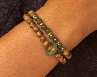 Green Jade Natural Wood Mala Bracelet, Double Loop Buddhist prayer beads for Meditation & Mindfulness, Spiritual Jewelry Gift for Yoga Lover