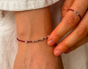 Minimalist Red String Bracelet and Ring Set, 925 silver bead, Adjustable spiritual jewelry, Wine Red Thread, Buddhist protection talisman