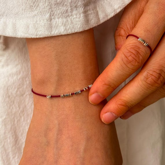 Minimalist Red String Bracelet and Ring Set, 925 silver bead, Adjustable spiritual jewelry, Wine Red Thread, Buddhist protection talisman