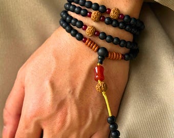 108 Natural Amber Mala Beads, 6mm Buddhist Prayer Necklace with Red Agate and Bodhi Seed Beads, Yoga Jewelry Gift for Meditation, Japa Mala