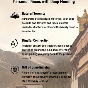 May include: An advertisement with the text "Personal Pieces with Deep Meaning." It describes handcrafted items with natural materials, rooted in Eastern Zen tradition, and a talisman of protection and harmony.