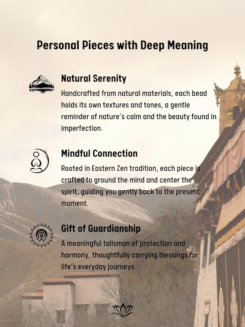 May include: An advertisement with the text "Personal Pieces with Deep Meaning." It describes handcrafted items with natural materials, rooted in Eastern Zen tradition, and a talisman of protection and harmony.