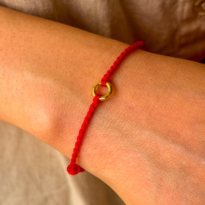 Red String Bracelet with Gold Ring Bead, Minimalist Good Luck Charm, Adjustable Yoga Jewelry