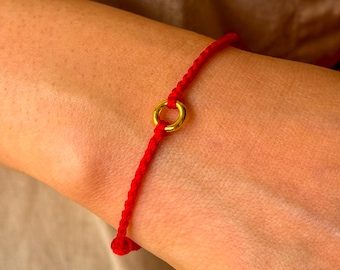 Minimalist Red Cord Bracelet with Gold Ring Bead, Buddhist spiritual gift for women, Good Luck Charm, Adjustable Yoga Jewelry