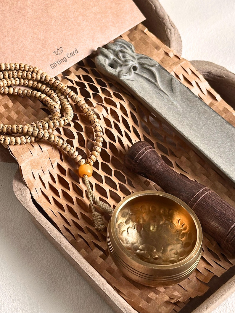 Meditation Gift Box:Tibetan Singing Bowl,Buddhist Mala Beads,Incense Holder,Spiritual Yoga Set for Stress Relief,Wellness Affirmation Box image 1