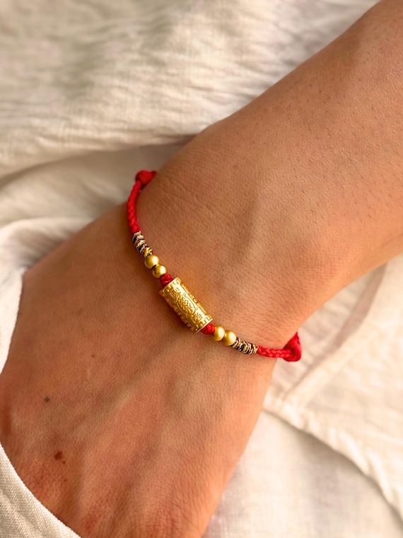 Tibetan Red String Bracelet with Gold Prayer Wheel Charm Bead, Buddhist Good Luck Fortune Woven Bracelet, Mindfulness Blessing Jewelry Gift