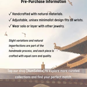 May include: A digital graphic with the text Pre-Purchase Information, listing details about handcrafted jewelry made with natural materials, an adjustable design, and layering options. It includes a note on handmade variations and shop info.