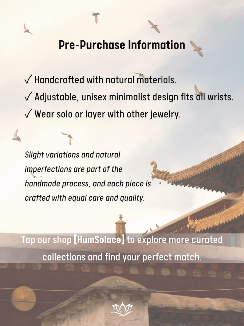May include: A digital graphic with the text Pre-Purchase Information, listing details about handcrafted jewelry made with natural materials, an adjustable design, and layering options. It includes a note on handmade variations and shop info.