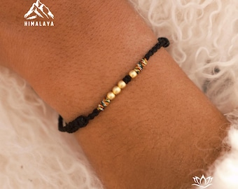 Tibetan Five-Colors Gold Plated Beaded Bracelets for Men, Minimalist Style Lucky Charm Gift for him, Yoga & Daily Wear,Black jewelry for Men