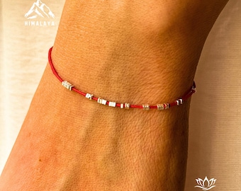 Minimalist Silver Bead Red String Bracelet - Tibetan Protection Amulet for Daily Luck, Thin Silver Bracelet Gift for 30th birthday,nana gift