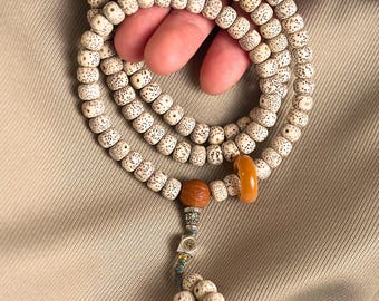 Buddhist 108 Mala Beads Necklace, Natural Bodhi Seed Prayer Beads with Amber Ring, Spiritual Protection Amulet, Mindfulness Yoga Gift