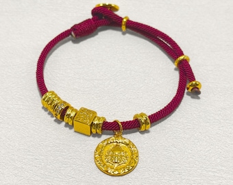 Bracelet tibétain en corde rouge, porte-bonheur en or pour la protection de la famille, amulette bouddhiste bijoux spirituels, cadeau bracelet fil rouge pour grand-mère