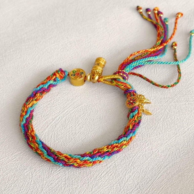 Pu&ograve; includere: Un braccialetto intrecciato colorato con chiusura e ciondoli dorati. Il braccialetto presenta un mix di fili rossi, arancioni, gialli, blu e viola. I dettagli dorati includono una chiusura cilindrica e un ciondolo floreale.