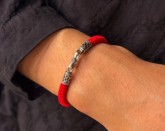 Tibetanskt rött snörearmband för män med lås i 925 silver, lyckoknutberlock, buddhistisk skyddsamulett, unisex andliga smycken
