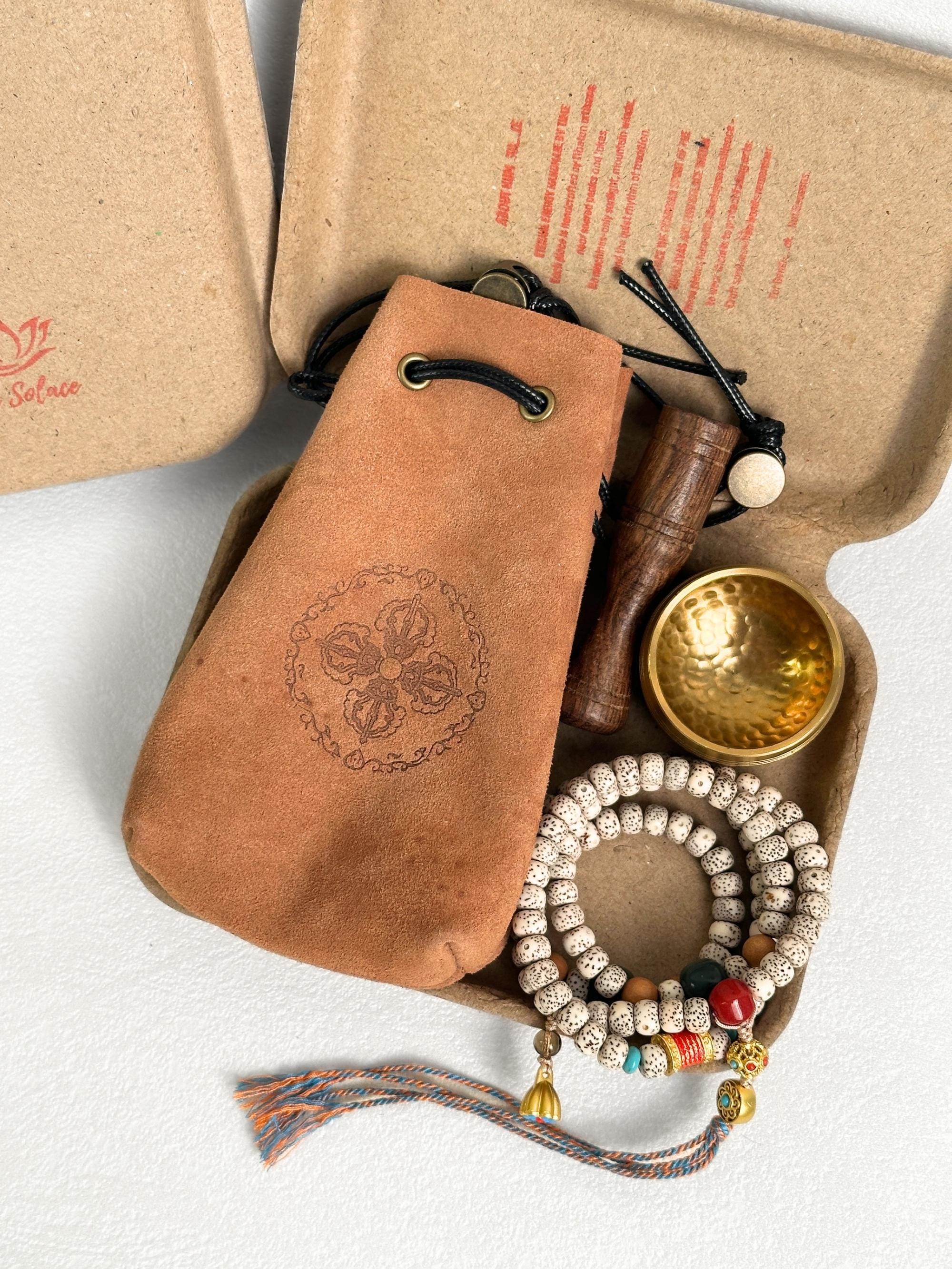 Pocket Meditation Gift Box Set, Portable Tibetan Singing Bowl with 108 Bodhi Seed Mala Beads, Leather Pouch, Mindfulness Gift for Yoga Lover