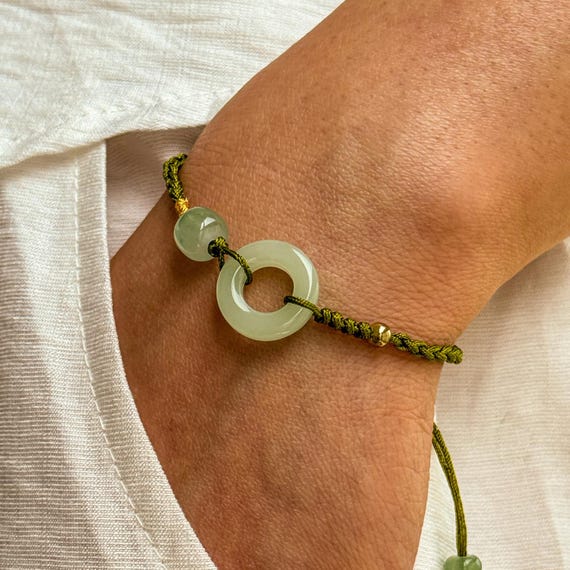Green Jade Ring Woven Bracelet with Natural Jade Ball, 60th Birthday Gifts for Mother, Tibetan protection charm jewelry gift for Grandma